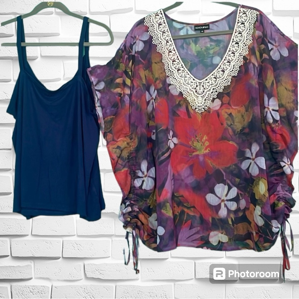 Fashion Bug top & tank set size 2X lace V neckline butterfly style loose fit